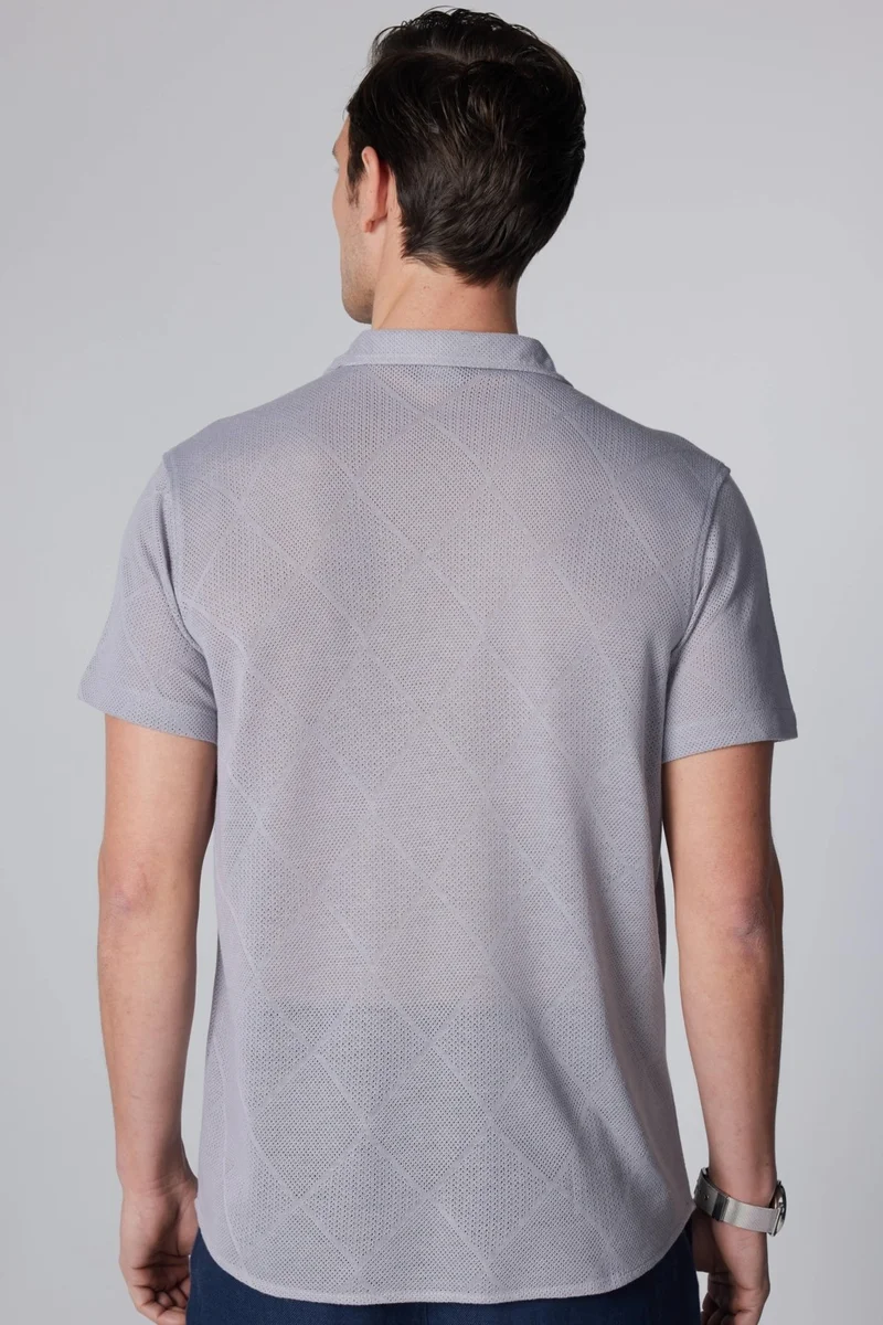 Tudors Slim Fit Slim Fit Short Sleeve Breathable Knitted Texture Square Patterned Open Collar Summer Gray Men's Shirt