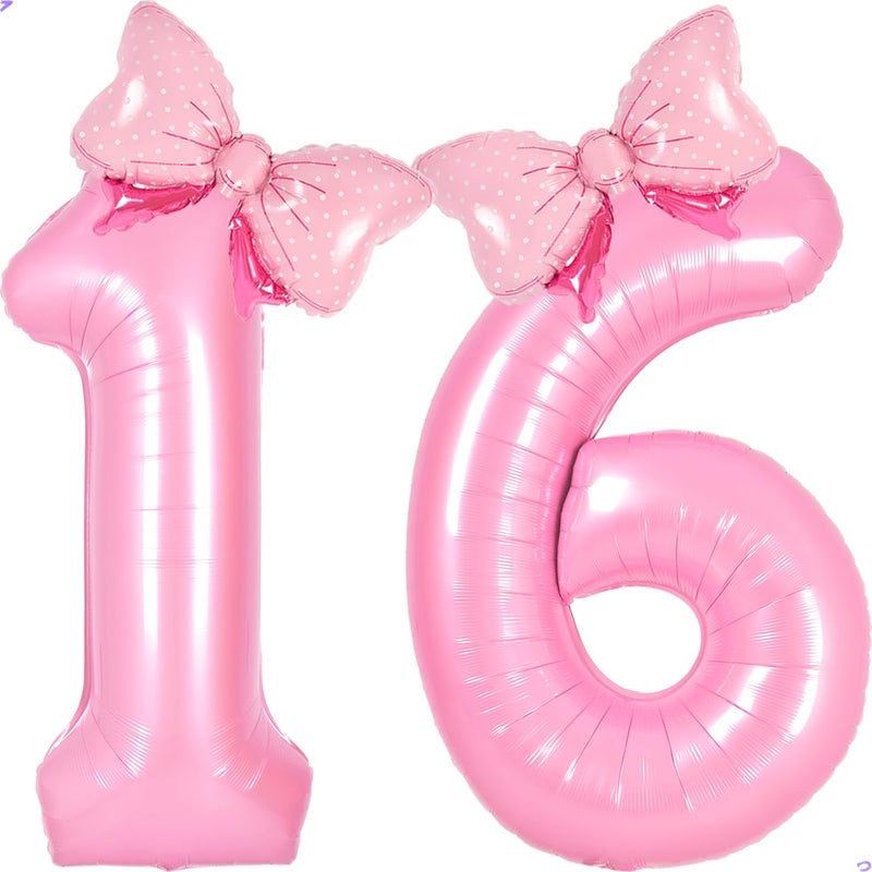 Florisland Pink Sweet 16 Balloon Numbers Pink Birthday Decorations for Girls, Bow Balloons Foil Mylar Large 40â€ 16 Birthday Balloon for Girls Bow Butterfly 16th Party Decorations(Number 16 balloons) - Image 1