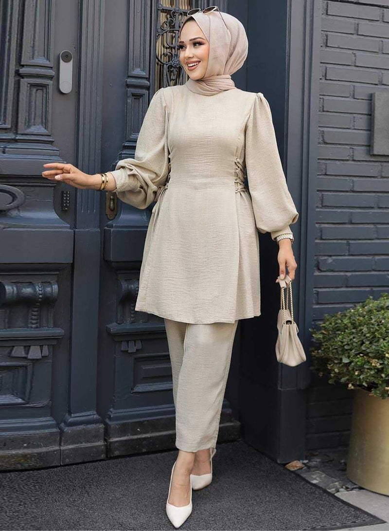 Elegant Middle Eastern Style Muslim Women's Casual Set - Trendy Lantern Sleeve Design with Stylish Side Tie Details, Perfect for Everyday Chic and Comfort  - Image 2