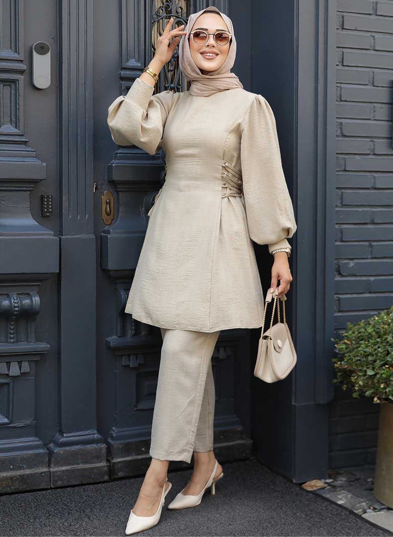 Elegant Middle Eastern Style Muslim Women's Casual Set - Trendy Lantern Sleeve Design with Stylish Side Tie Details, Perfect for Everyday Chic and Comfort  - Image 1