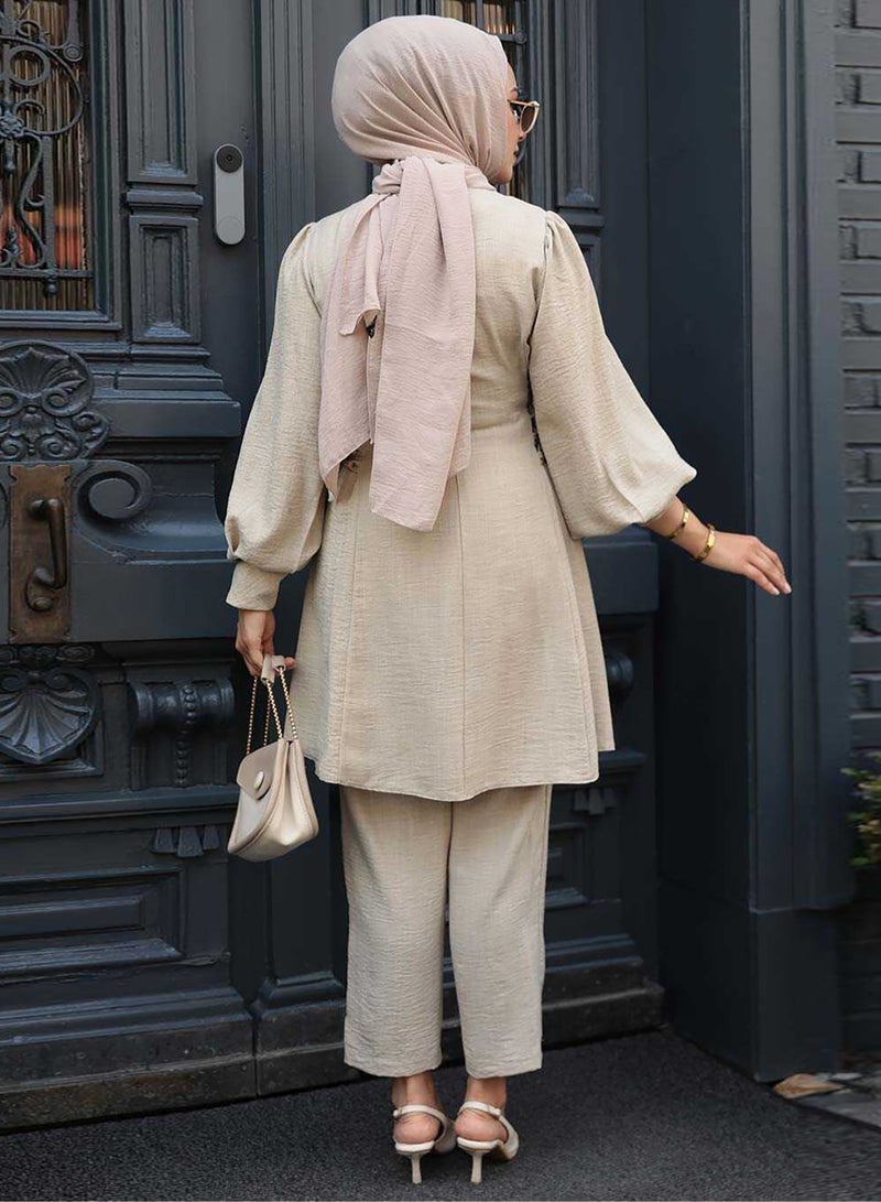 Elegant Middle Eastern Style Muslim Women's Casual Set - Trendy Lantern Sleeve Design with Stylish Side Tie Details, Perfect for Everyday Chic and Comfort  - Image 3