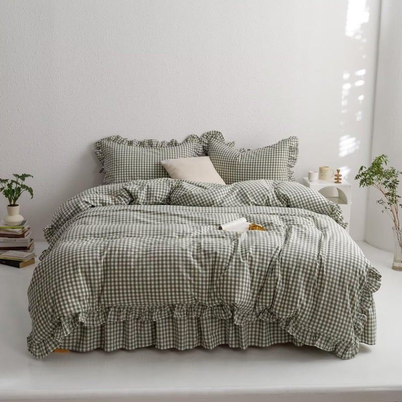 mixinni Green Ruffle Duvet Cover King Size 3 Pieces â€“ 100% Washed Cotton, Vintage Plaid Ruffled Bedding Set with Zipper Ties, Soft Checkered Grid Farmhouse Chic Comforter Cover Set - Image 3