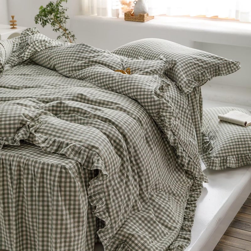 mixinni Green Ruffle Duvet Cover King Size 3 Pieces â€“ 100% Washed Cotton, Vintage Plaid Ruffled Bedding Set with Zipper Ties, Soft Checkered Grid Farmhouse Chic Comforter Cover Set - Image 5