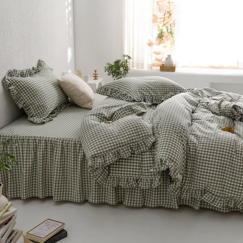 mixinni Green Ruffle Duvet Cover King Size 3 Pieces â€“ 100% Washed Cotton, Vintage Plaid Ruffled Bedding Set with Zipper Ties, Soft Checkered Grid Farmhouse Chic Comforter Cover Set - Image 4