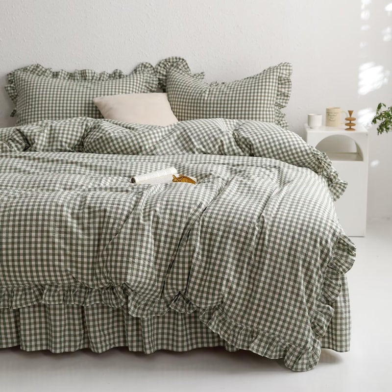 mixinni Green Ruffle Duvet Cover King Size 3 Pieces â€“ 100% Washed Cotton, Vintage Plaid Ruffled Bedding Set with Zipper Ties, Soft Checkered Grid Farmhouse Chic Comforter Cover Set - Image 1