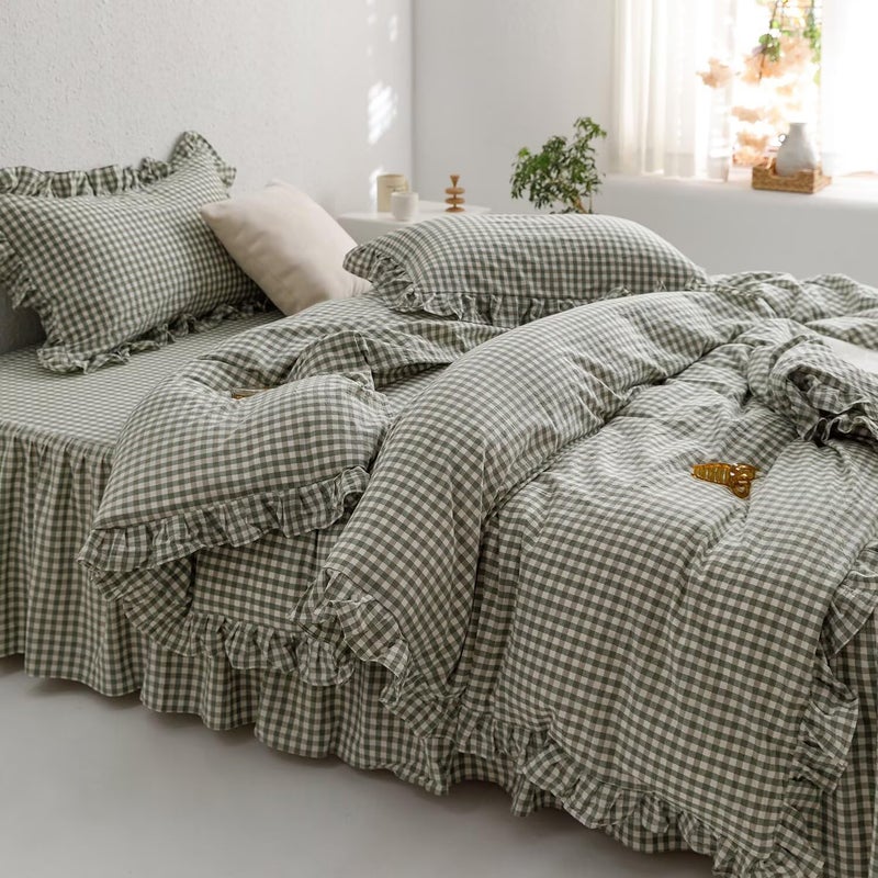 mixinni Green Ruffle Duvet Cover King Size 3 Pieces â€“ 100% Washed Cotton, Vintage Plaid Ruffled Bedding Set with Zipper Ties, Soft Checkered Grid Farmhouse Chic Comforter Cover Set - Image 2