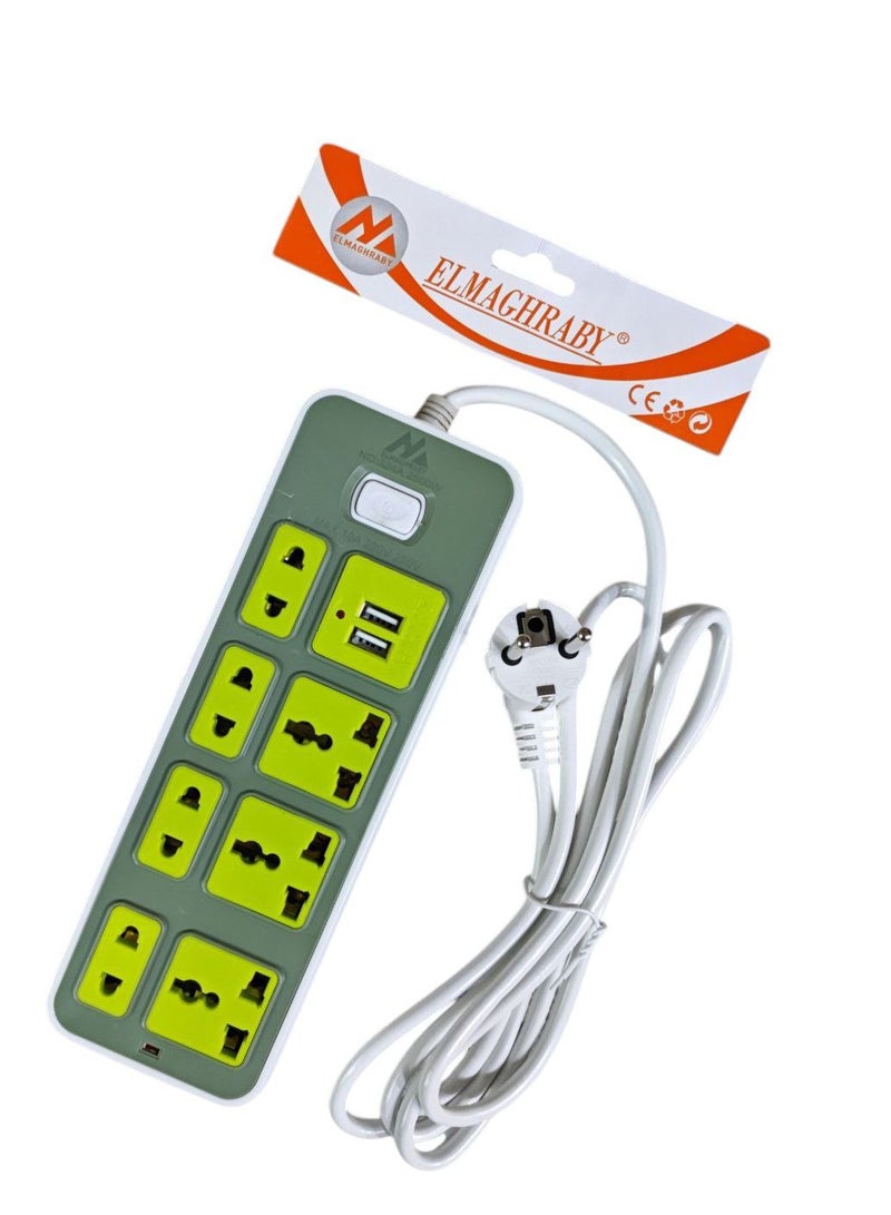 ELMAGHRABY 2500W power strip with 2 USB outlets, 7 220V outlets and on/off button