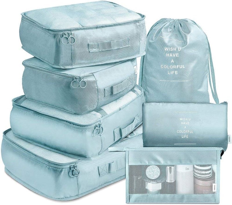 TS WITH TECHSUN 7 Pcs Travel Organizer Pouch Packing Cubes for Clothes Space Savers Bags Cosmetics/Underwear/Socks/Shoes Toiletry Bag Laundry Organiser (Nylon) (Skyblue) - Image 1