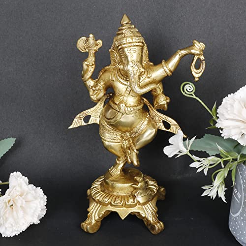 ARTVARKO Brass Ganesha Bhagwan Idol Dancing Ganesh Standing Statue Ganpati Murti for Temple Puja Home Entrance Décor Luck Gift Height 8 Inch - Image 1