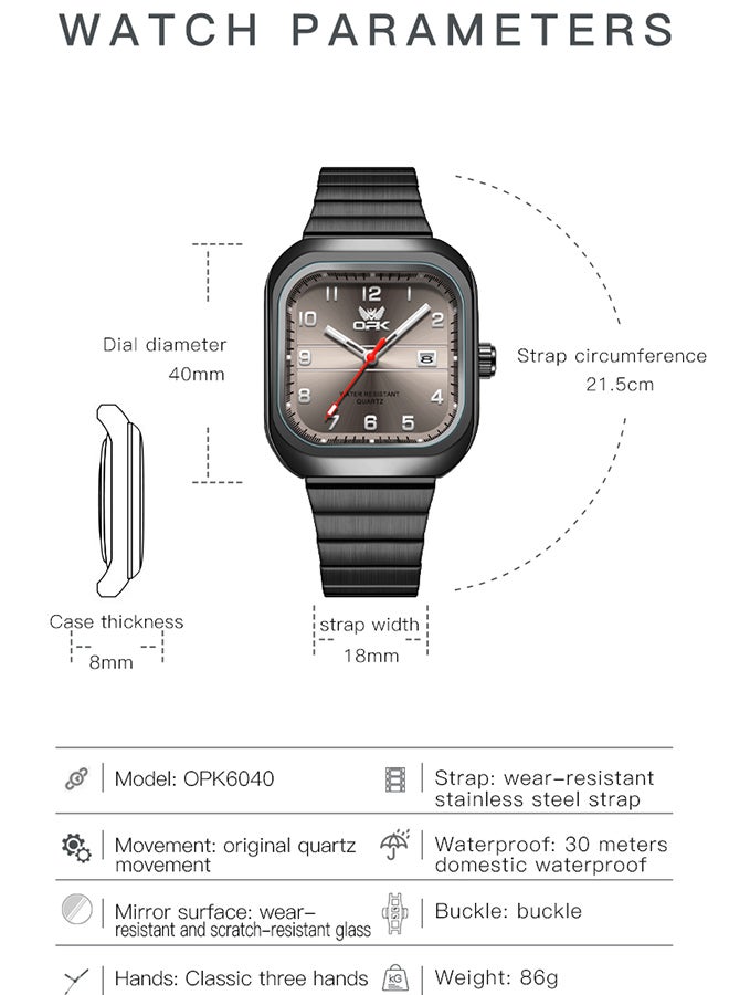Opk Brand Watch, Stylish Business Exquisite Quartz Watch, Waterproof Single Calendar, Men'S Watch - 6040 Black Steel, Gray Dial. - Image 3