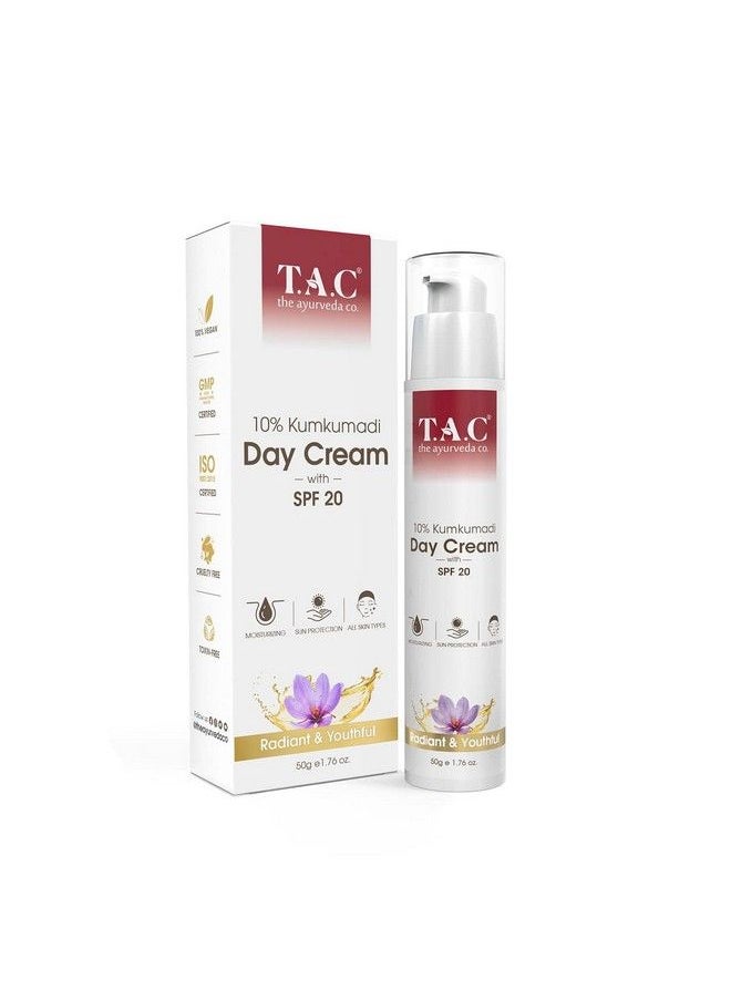 TAC - The Ayurveda Co. - كريم نهاري كومكومادي بعامل حماية من الشمس 20 لإزالة البقع والشوائب، كريم مرطب للوجه لبشرة متوهجة للنساء والرجال 50 جرام - Image 1
