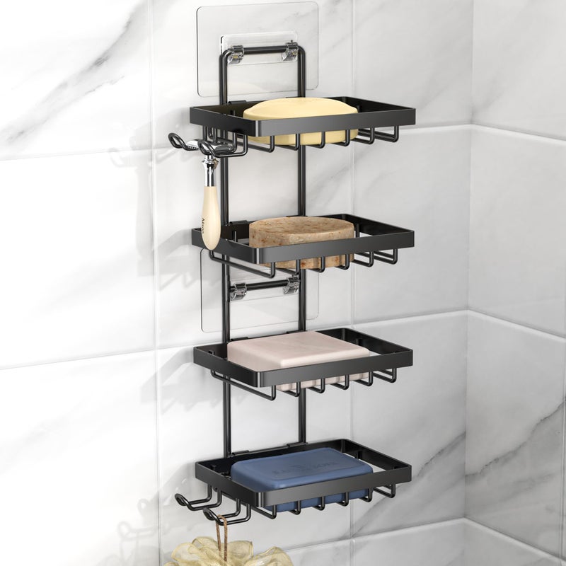 Moforoco 4 Tier Soap Bar Holder for Shower No Drilling 304 Stainless Steel Wall Mounted Soap Holder with 4 Hooks and Razor Holder Shower Rack Soap Tray Bar Soap for Bathroom Accessories Organizer