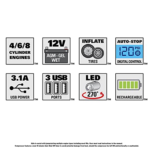 Stanley J7C09D 1400 Peak Amp Automotive Jump Starter, Portable Power – Triple 15W USB Ports, 120 PSI Air Compressor fore Tires & Sports Equipment - Image 2