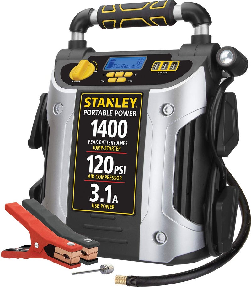 Stanley J7C09D 1400 Peak Amp Automotive Jump Starter, Portable Power – Triple 15W USB Ports, 120 PSI Air Compressor fore Tires & Sports Equipment - Image 1