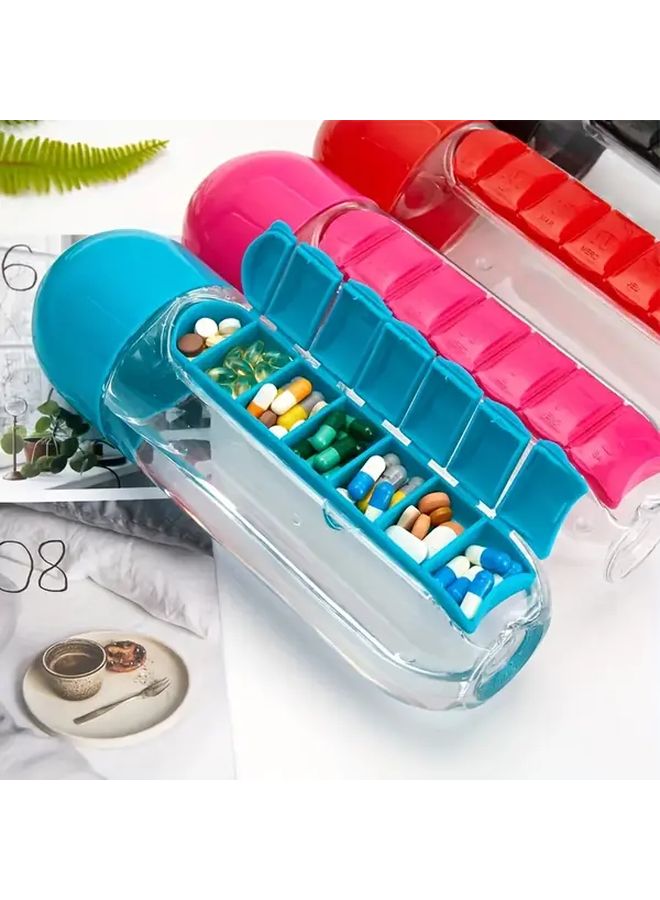 Blue Two In One Portable Water Bottle And Weekly Pill Organizer With Seven Day Compartments - Image 2