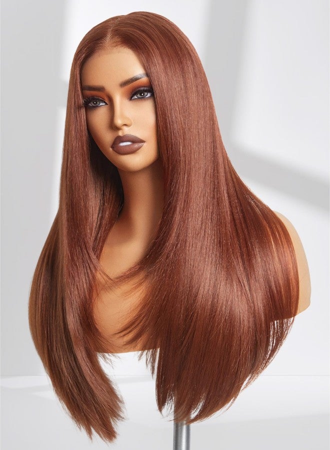 GORGIUS Auburn Brown Layered Wig Pre Cut Glueless Straight Lace Front Wig Middle Part Highlight Synthetic Closure Wig For Women Upgraded with Premium Fiber - Image 1