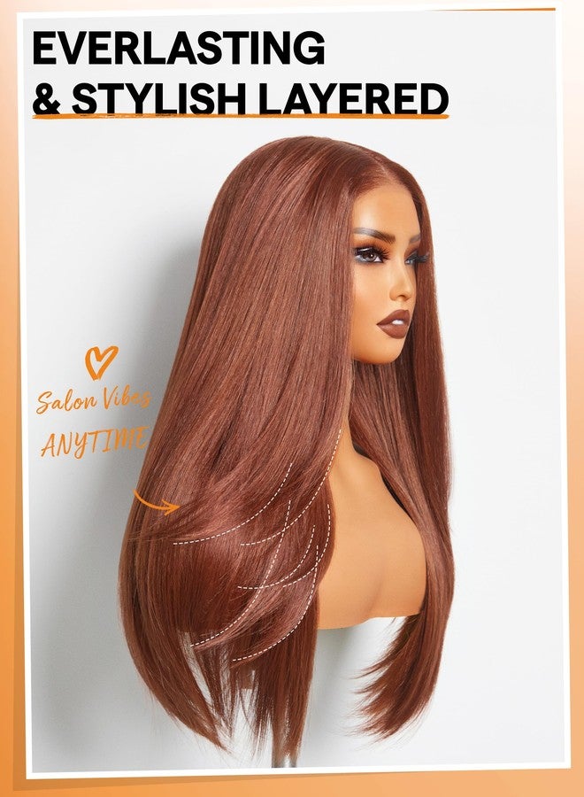 GORGIUS Auburn Brown Layered Wig Pre Cut Glueless Straight Lace Front Wig Middle Part Highlight Synthetic Closure Wig For Women Upgraded with Premium Fiber - Image 4