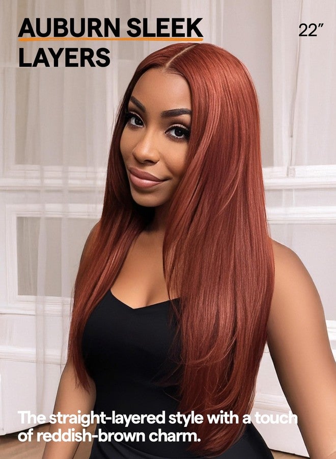 GORGIUS Auburn Brown Layered Wig Pre Cut Glueless Straight Lace Front Wig Middle Part Highlight Synthetic Closure Wig For Women Upgraded with Premium Fiber - Image 2
