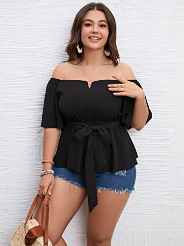 SCOMCHIC Women's Plus Size Off The Shoulder Peplum Blouse Top Half Bell Sleeve Tie Waist Ruffle Hem Babydoll Tops Black - Image 2