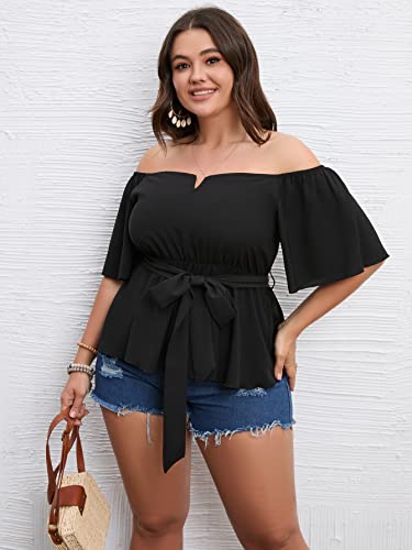 SCOMCHIC Women's Plus Size Off The Shoulder Peplum Blouse Top Half Bell Sleeve Tie Waist Ruffle Hem Babydoll Tops Black - Image 5