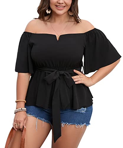 SCOMCHIC Women's Plus Size Off The Shoulder Peplum Blouse Top Half Bell Sleeve Tie Waist Ruffle Hem Babydoll Tops Black - Image 1