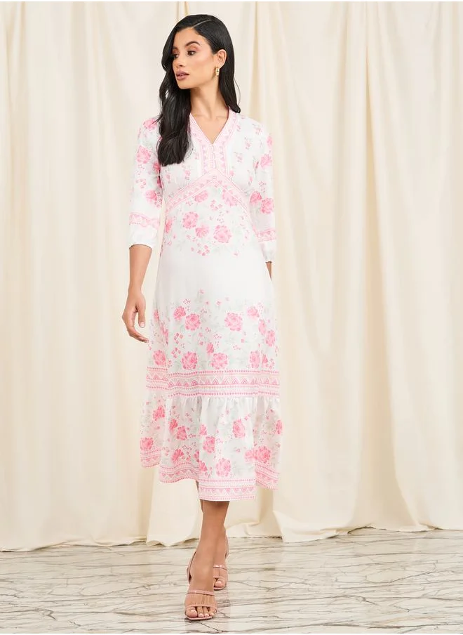 Styli Floral Print Ruffle Hem A-Line Midi Dress