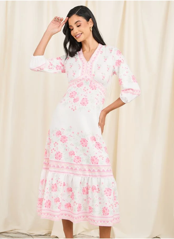 Styli Floral Print Ruffle Hem A-Line Midi Dress