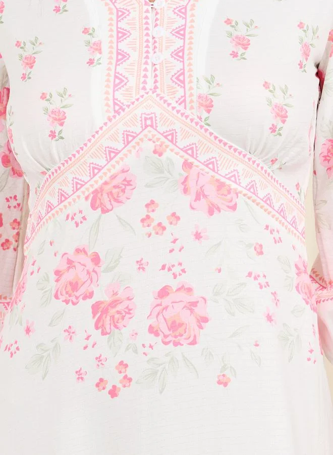 Styli Floral Print Ruffle Hem A-Line Midi Dress