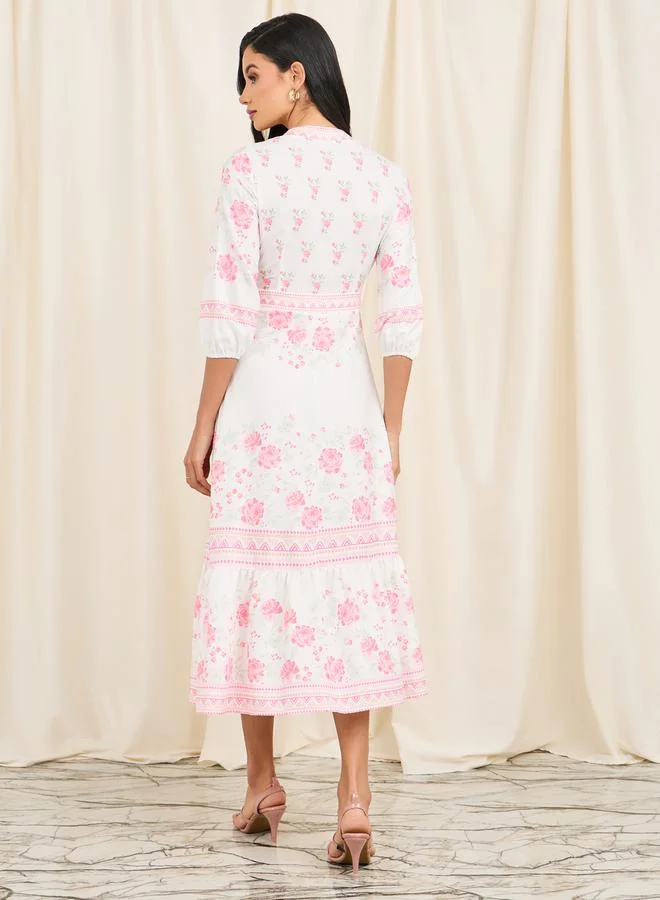 Styli Floral Print Ruffle Hem A-Line Midi Dress