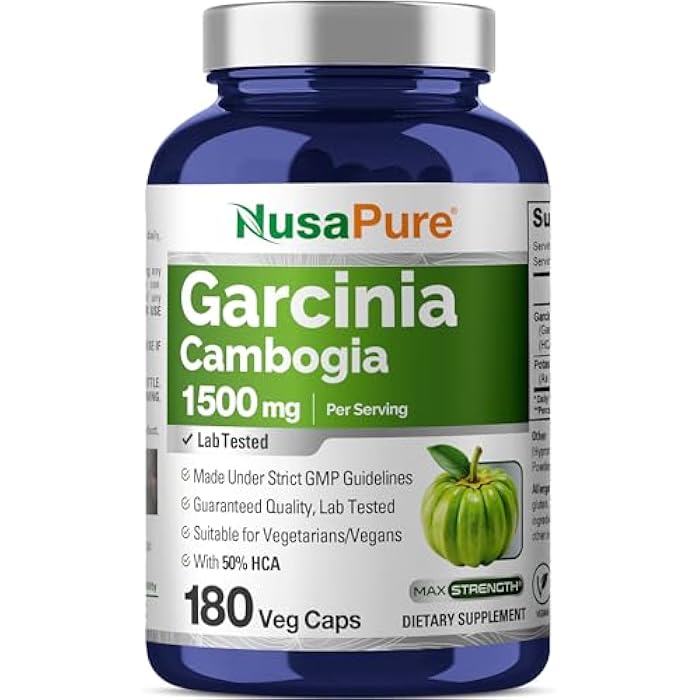 NusaPure Garcinia Cambogia 180 Veggie Capsules 1500mg (Vegetarian, Non-GMO, Vegan) - Image 1