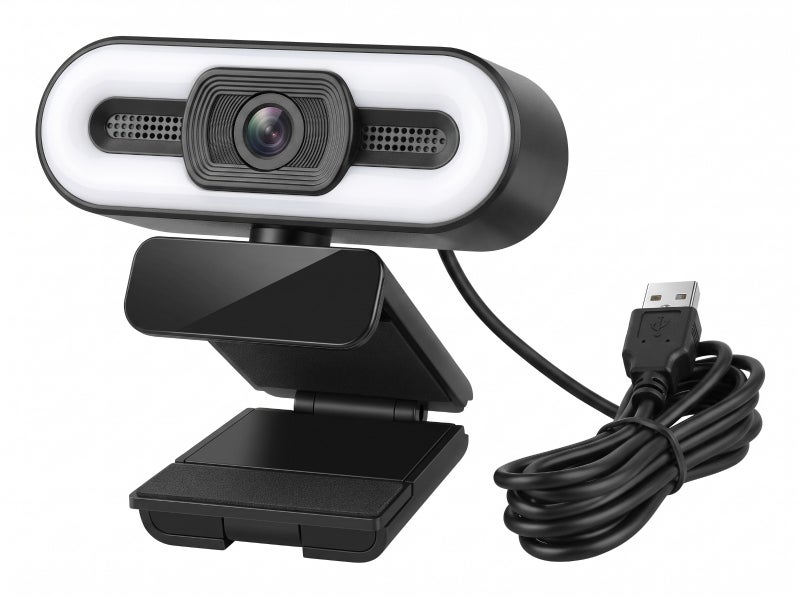 كاميرا ويب بدقة Full HD 1080P بلون أسود، متوافقة مع USB Plug and Play، مزودة بميكروفون مدمج وعرض شاشة واسع، مناسبة للاستخدام في المكالمات والتعليم عن بعد