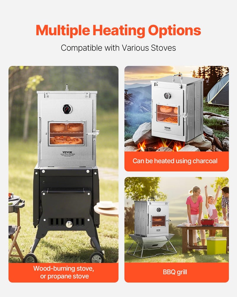 VEVOR Foldable Camping Oven, Stainless Steel Portable Camping Stove, with 3 Tier Grill, Handle and Thermometer, Use with Wood Burning Fire, Propane Stoves, for Baking Bread, Pizza, Outdoor Cooking - Image 3