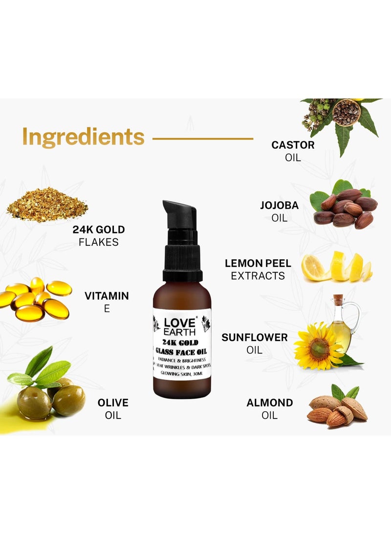 Love Earth 24K Gold Glass Face Oil – Radiance-Boosting Formula with Pure Essential Oils & Real 24K Gold Flakes | Hydrating, Anti-Aging & Paraben-Free Skincare | 30ml - Image 3