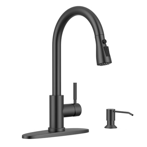 WEWE Kitchen Faucet with Soap Dispenser and Pull Down Sprayer RV Single Handle Classic 3 Modes Stainless Steel Faucet for Kitchen Sink RV Matte Black - Image 1