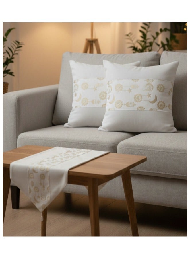 Ramadan 3 piece decor set (2 cushion covers + table runner) with a modern Islamic design - Image 1