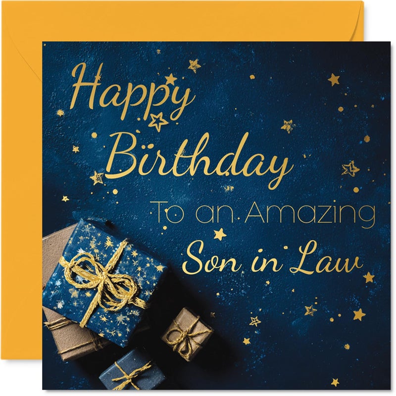 Stuff4 Gold Son in Law Birthday Card - Golden Gifts - Happy Birthday Card for Son in Law from Mother Mom Father Dad  5.7 Inch Golden Bday Greeting Cards - Image 1