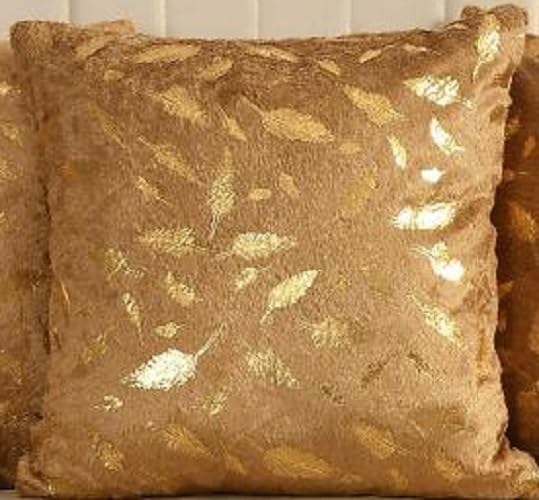HOMECROWN Velvet Cushion Covers 16x16 Inch – Set of 2 Pcs, Golden Feather Print, Soft Faux Fur Decorative Throw Pillow Covers for Sofa, Couch, Bed, Living Room (Golden) - Image 4