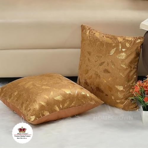 HOMECROWN Velvet Cushion Covers 16x16 Inch – Set of 2 Pcs, Golden Feather Print, Soft Faux Fur Decorative Throw Pillow Covers for Sofa, Couch, Bed, Living Room (Golden) - Image 2