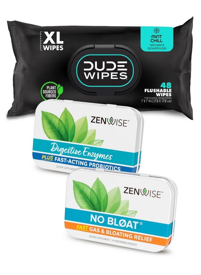Zenwise Health Dude Wipes + Zenwise #2 Plus Bundle - 48 Flushable Wipes + 15 Digestive Enzymes with Probiotics and Prebiotics + 14 No Bloat Caps - for Digestive, Gut, and Butt Health - Image 1