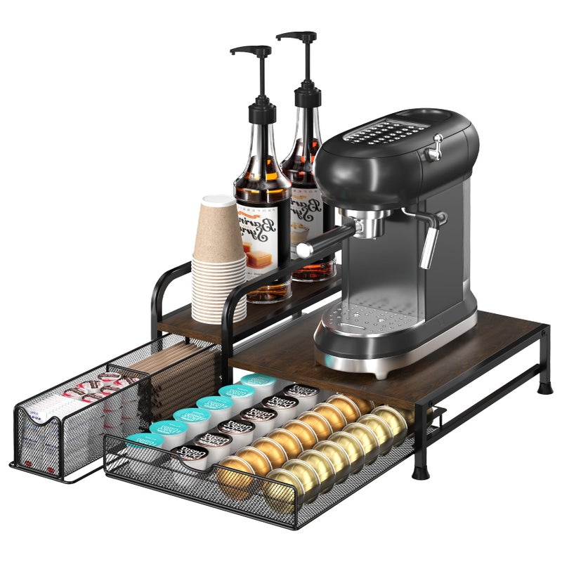PONEYA Coffee Bar Organizer with Pod Holder Drawer, 4 Syrup Bottle 40 Pods Capacity for Nespresso, Coffee Station Organizer for Most Single-Serve Brewers, Countertop K Cup Holder for Kitchen Cafe Office - Image 1