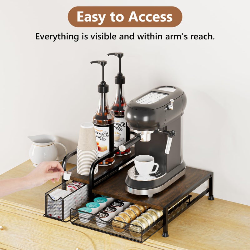 PONEYA Coffee Bar Organizer with Pod Holder Drawer, 4 Syrup Bottle 40 Pods Capacity for Nespresso, Coffee Station Organizer for Most Single-Serve Brewers, Countertop K Cup Holder for Kitchen Cafe Office - Image 3