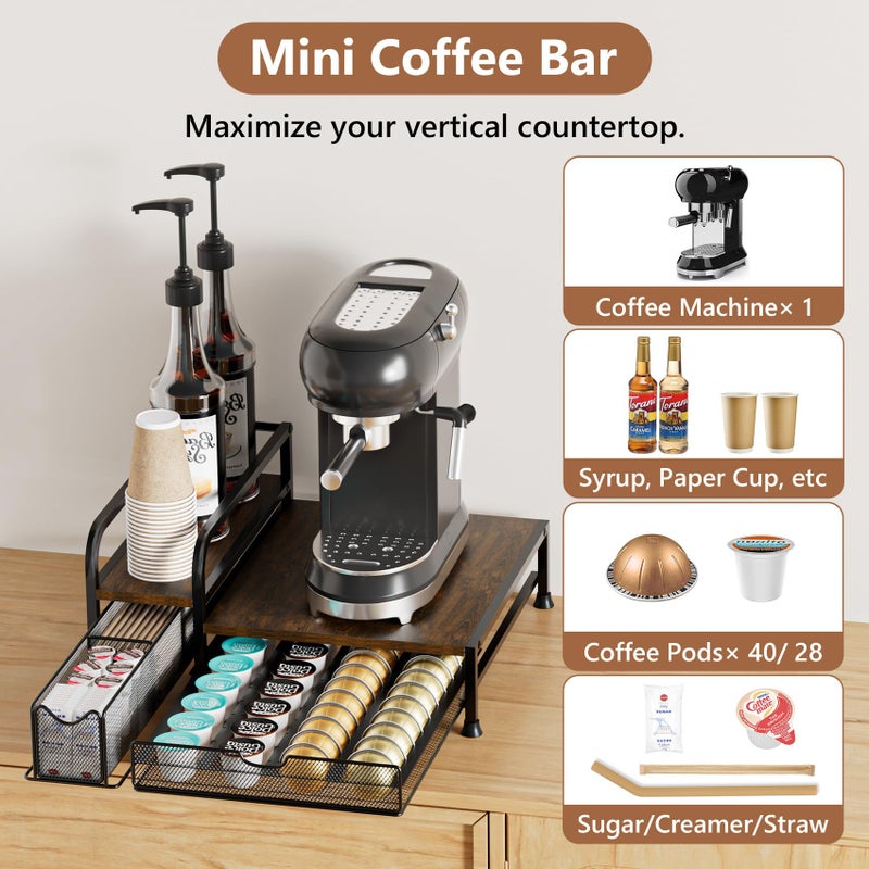 PONEYA Coffee Bar Organizer with Pod Holder Drawer, 4 Syrup Bottle 40 Pods Capacity for Nespresso, Coffee Station Organizer for Most Single-Serve Brewers, Countertop K Cup Holder for Kitchen Cafe Office - Image 2