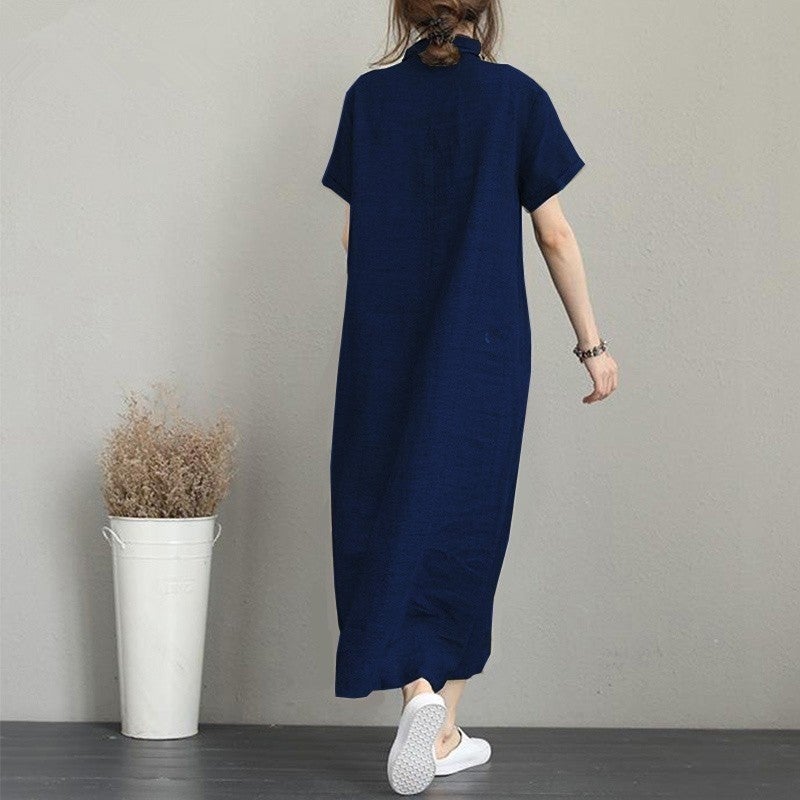 1Tarz 1Style Barbora Linen Casual Short Sleeve Full Length Summer Casual Women's Dress Ln245Ecru  - Image 2