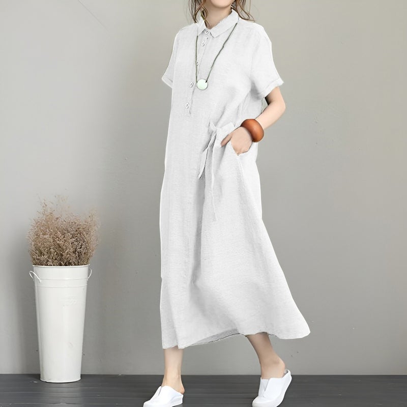 1Tarz 1Style Barbora Linen Casual Short Sleeve Full Length Summer Casual Women's Dress Ln245Ecru  - Image 1