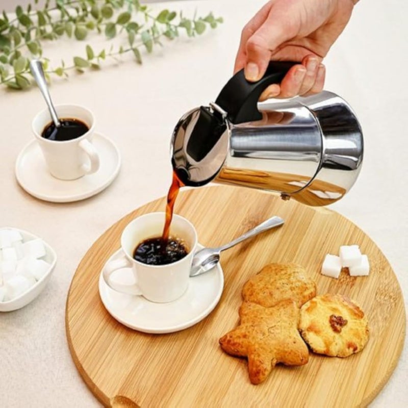 Steel Stovetop Espresso Maker, Moka Pressure Pot with a Heat Resistant Handle, Safety Valve, Original Italian Design (Six Cups)