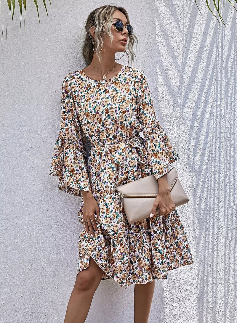 Floral Flounce Sleeve Belted Layered Hem Dress  - Image 1