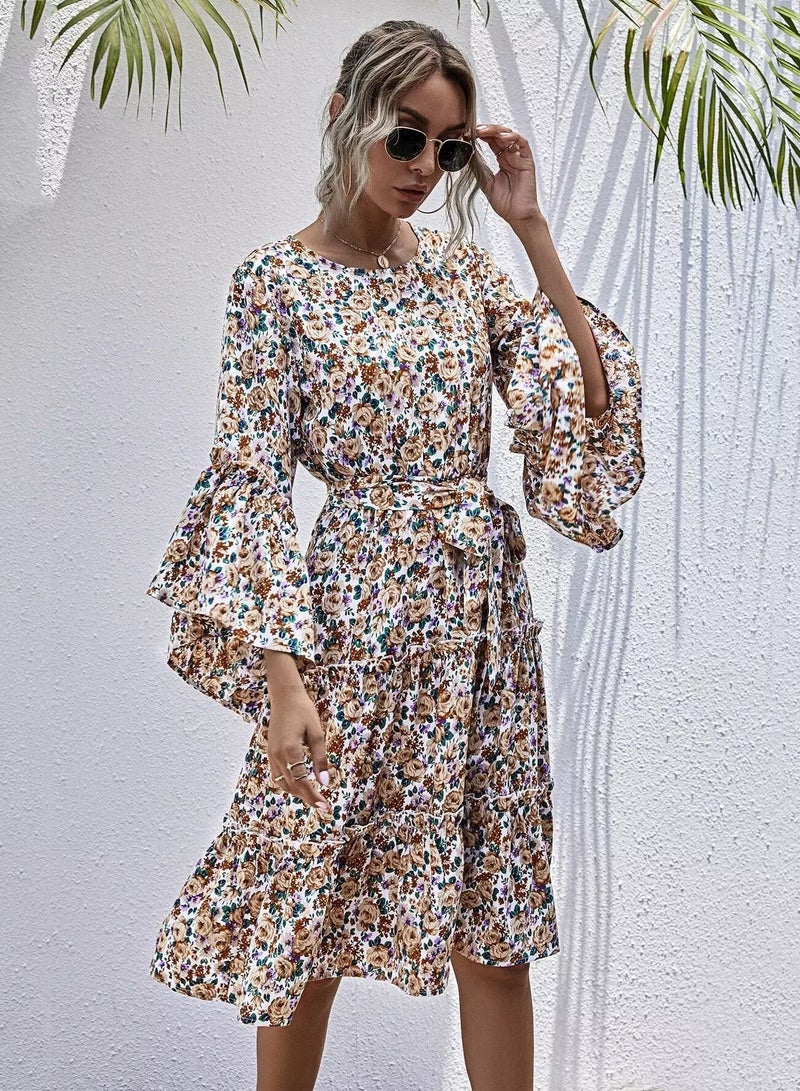 Floral Flounce Sleeve Belted Layered Hem Dress  - Image 5
