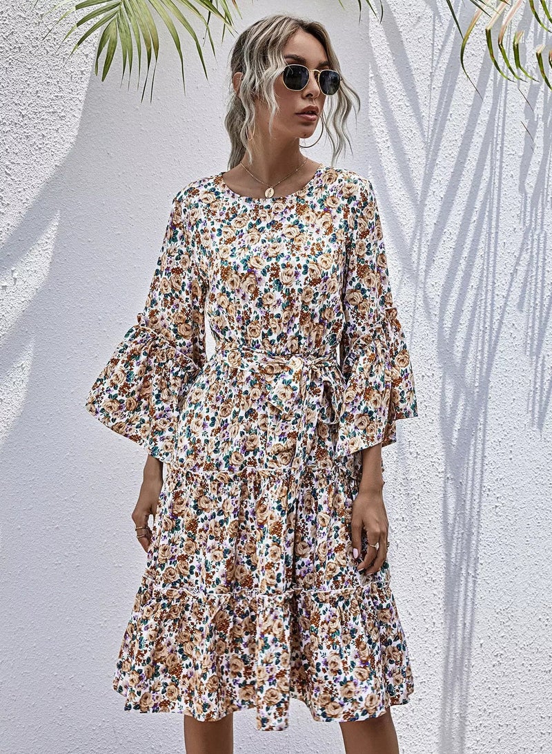 Floral Flounce Sleeve Belted Layered Hem Dress  - Image 3