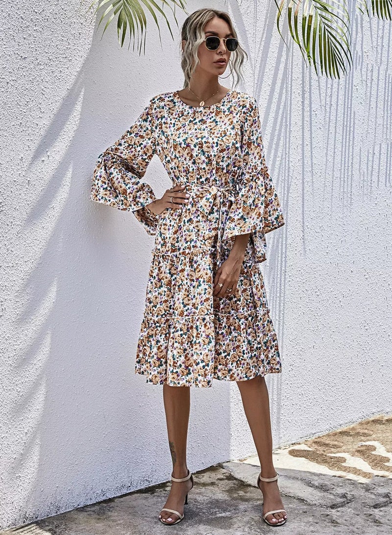 Floral Flounce Sleeve Belted Layered Hem Dress  - Image 4