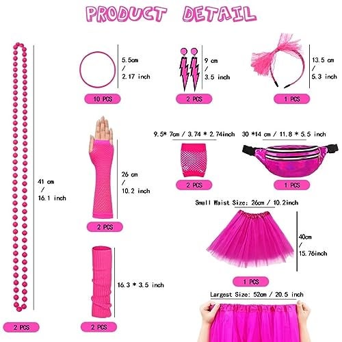 WILDPARTY 80s Costume Accessories Women, T-Shirt Tutu Fanny Pack Headband Earring Necklace Fishnet Gloves Legwarmers Pink - Image 2